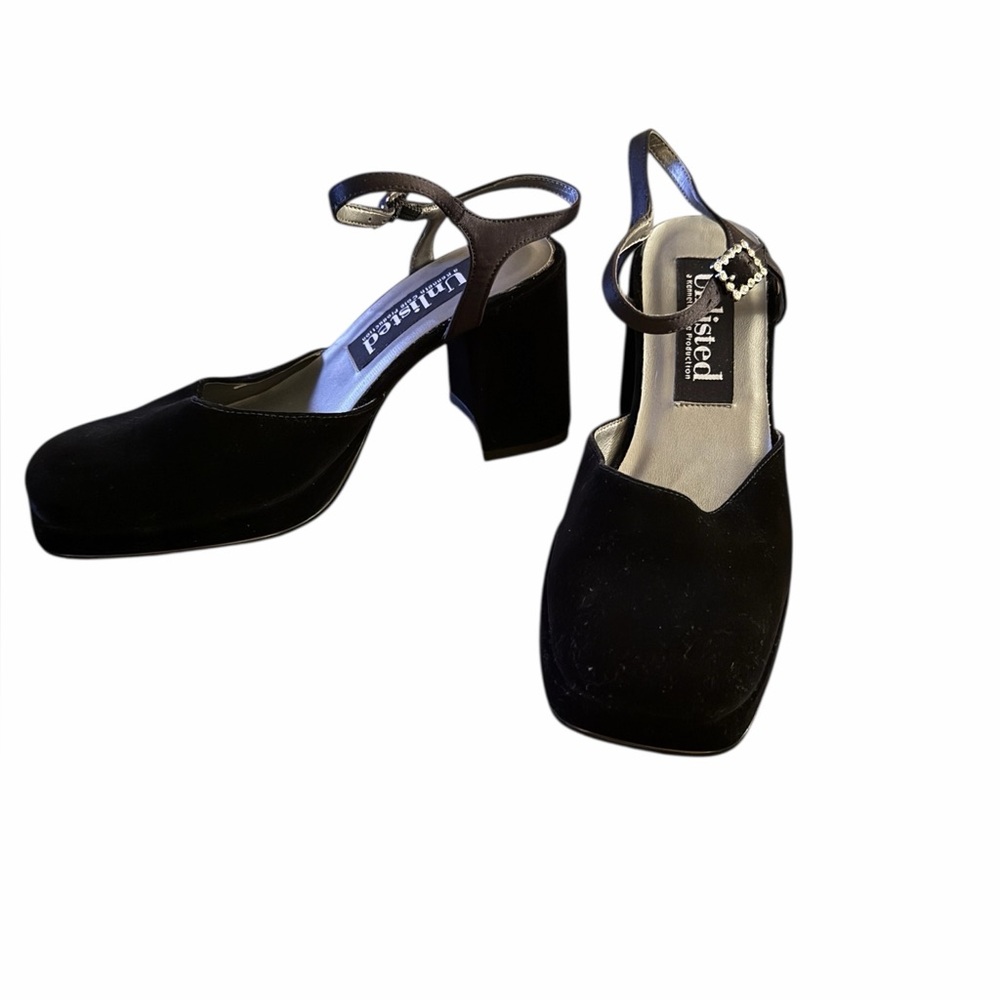 Unlisted•Black Block Heel Velvet Shoes Rhinestone Accent Buckle - Picture 3 of 8